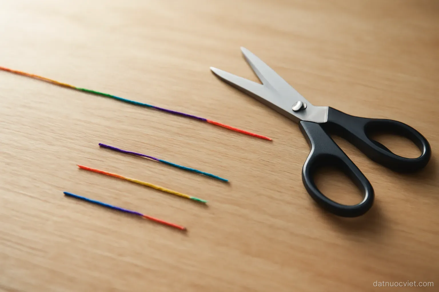 Length of multicoloured thread stretched straight on a board, scissors beside it and segments of unequal length laid apart