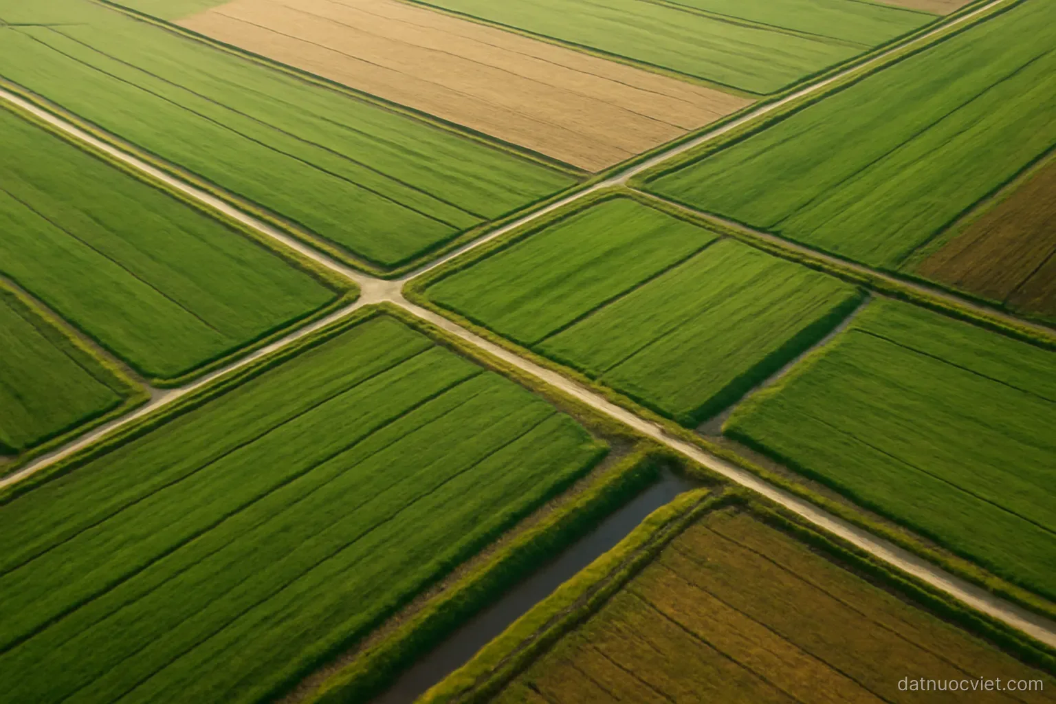 Aerial view where long parallel field strips run lengthwise while short tracks and streams cut across them at right angles