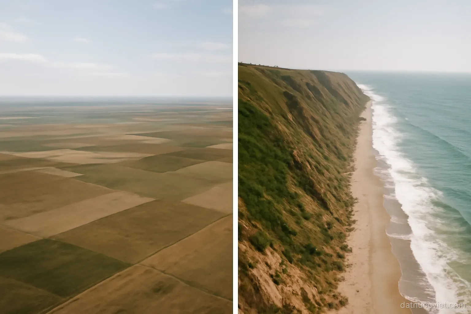 Two contrasting aerial frames side by side: a broad flat plain and a corridor where slope meets shore almost directly