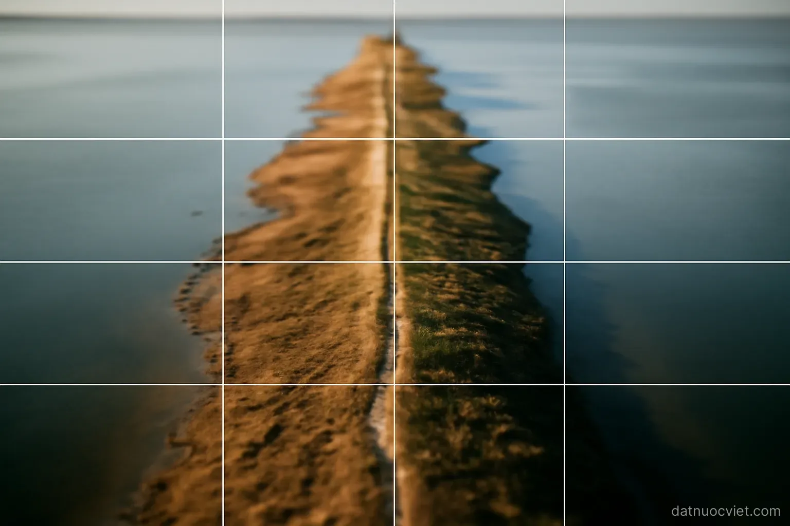 Grid diagram overlaid on a long narrow landform, vertical bands crossed by three horizontal divisions forming cells