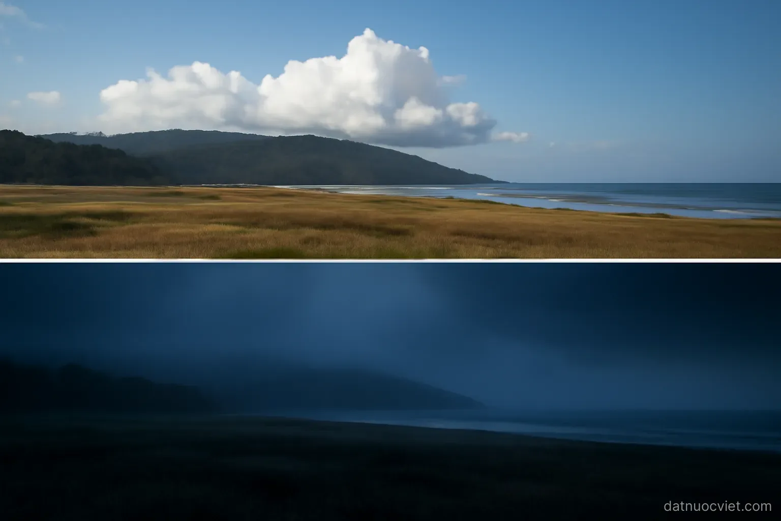 Coastal flat at midday with cloud building over the inland ridge, and the same view at night with mist drifting seaward
