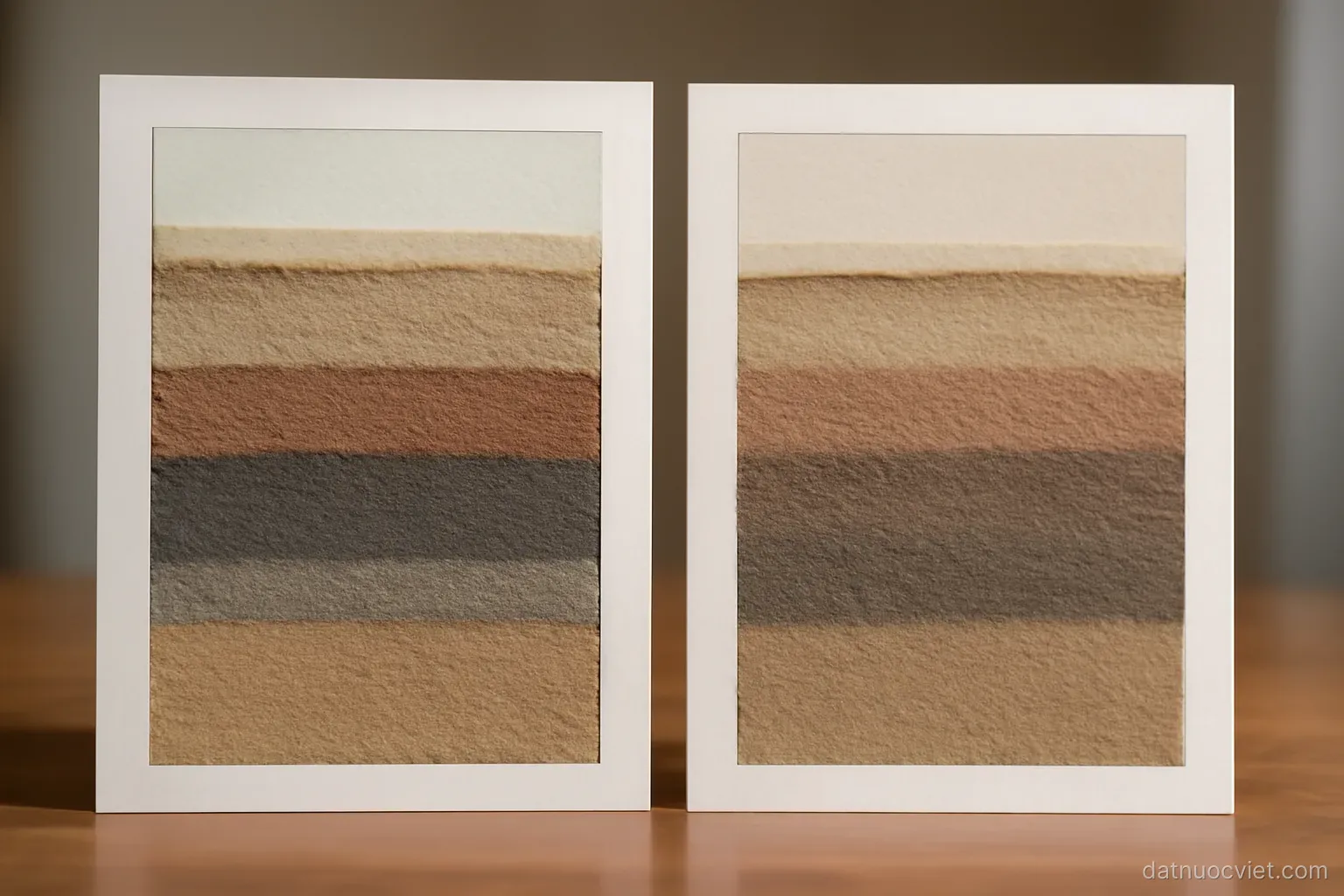 Two side-by-side cross-section diagrams with the same number of bands but different band widths and sharpness of boundaries