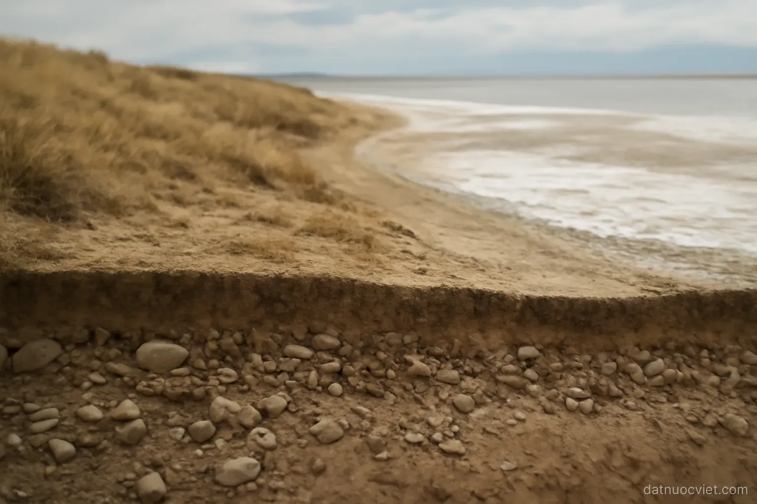 Cross-section sketch of a narrow lowland showing dry stony ground near slopes grading to salty flats near the shoreline