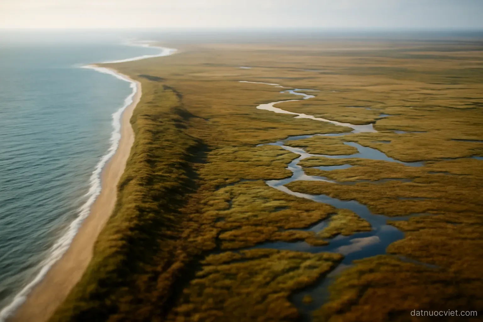 Aerial view where a narrow coastal corridor opens abruptly into a broad low plain crossed by branching channels