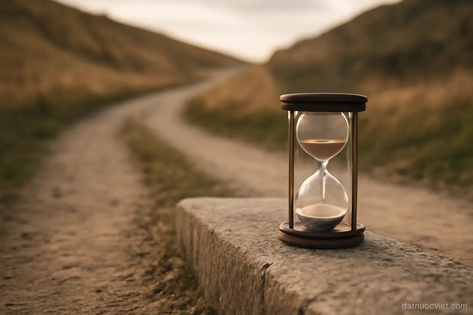 Sand timer standing on a stone kerb beside a track fork, one branch rising toward slopes and one running level
