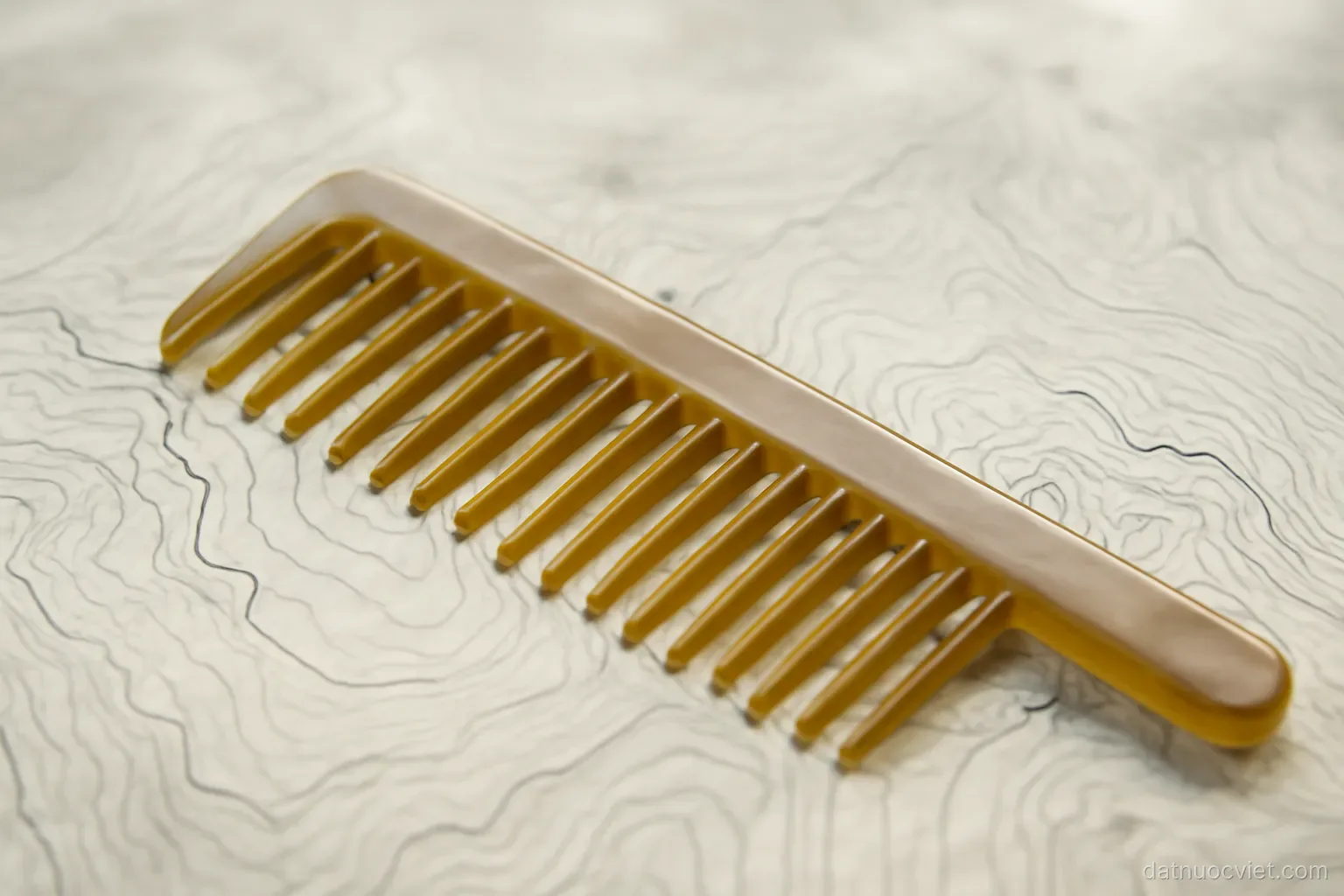 Wide-toothed comb laid over a contour map so its teeth align with parallel ridge lines, one tooth crossing them obliquely