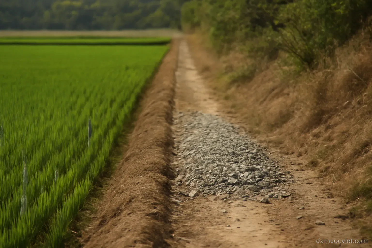Long boundary line between paddy flats and scrub-covered rise, interrupted midway by a gravel fan spreading across it