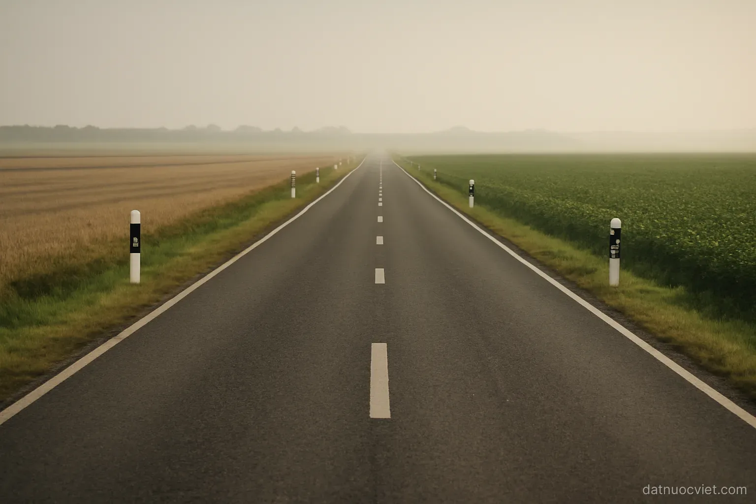 Long straight road stretching lengthwise between fields with evenly spaced kilometre markers receding into haze