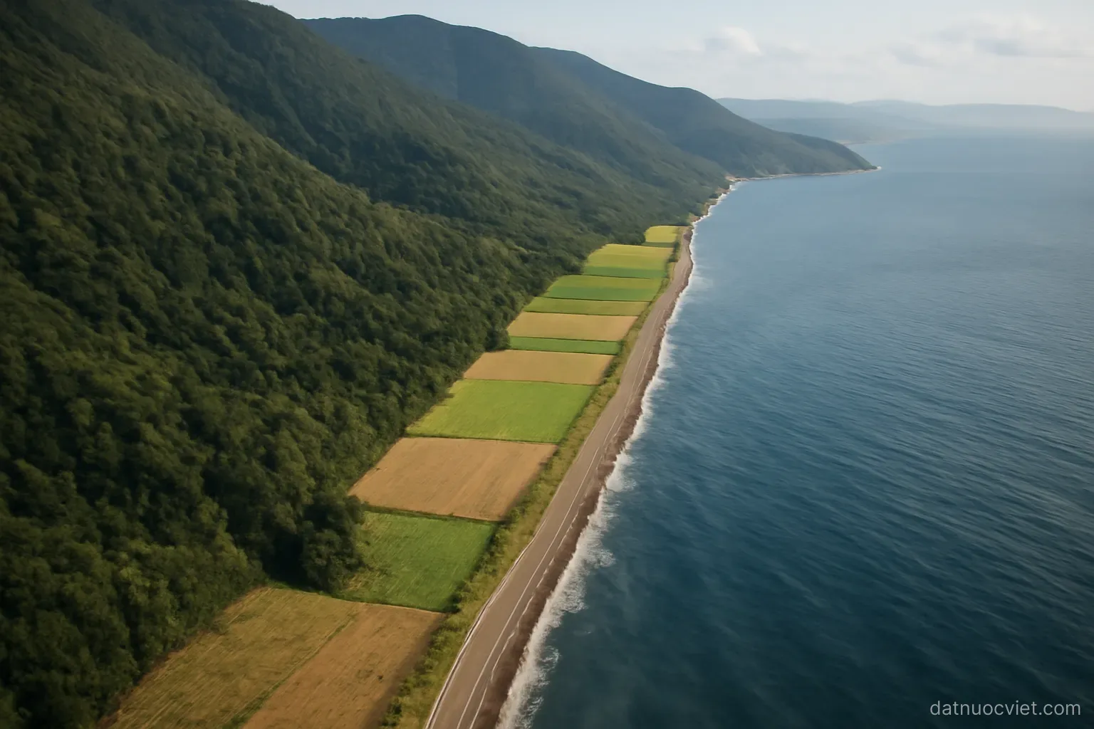 Aerial view of a narrow coastal plain squeezed between forested mountain slopes and open sea, thin strip of fields in between