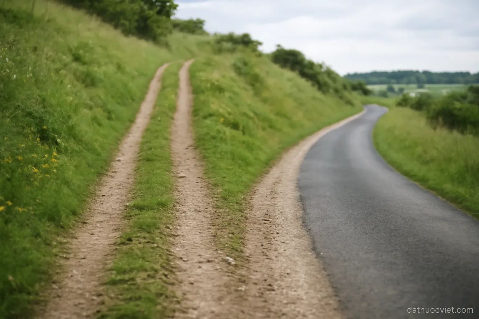 Same hillside route shown as a footpath, a cart track and a surfaced lane, three parallel alignments on one slope