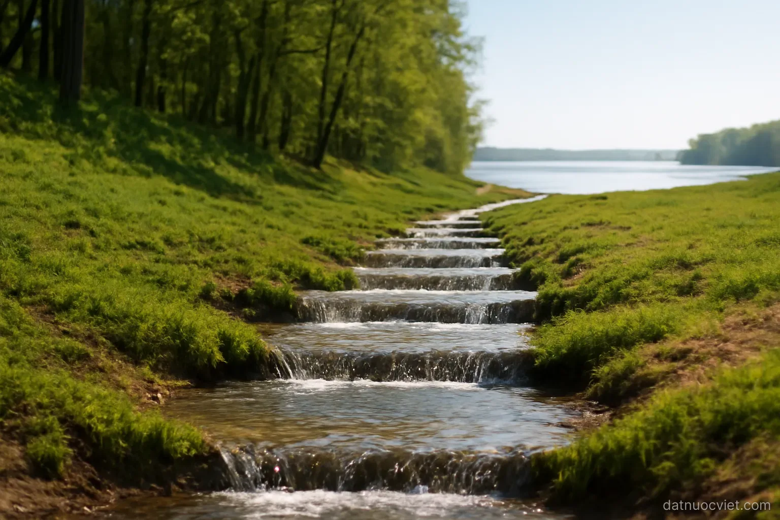 Series of short parallel watercourses descending from wooded slopes straight across a lowland toward open water