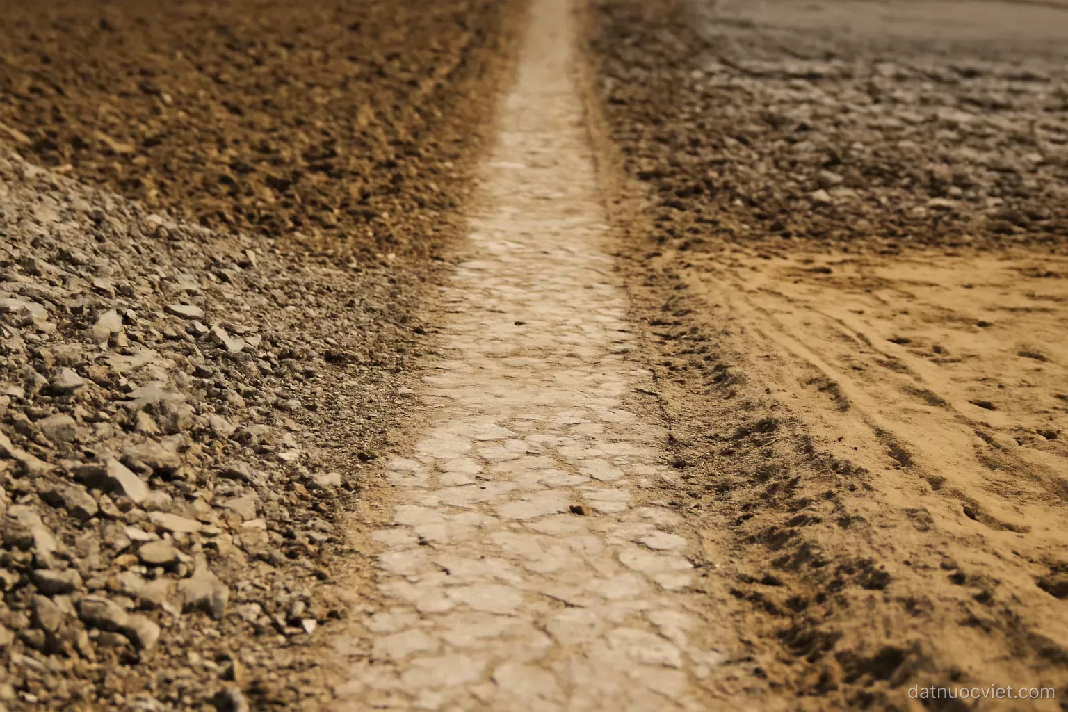 Straight footpath crossing from stony slope through soft tilled earth to wet mud and then loose sand, surfaces changing visibly