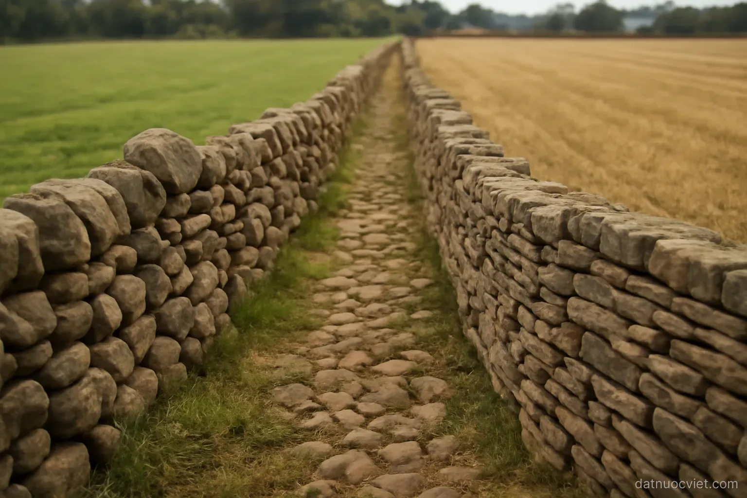 Two adjoining field systems with different wall styles meeting across a broad band where both styles appear mixed