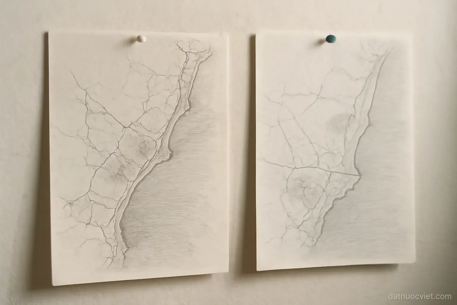 Two hand-drawn sketch maps of a coastal strip pinned side by side, similar in structure but different in proportions