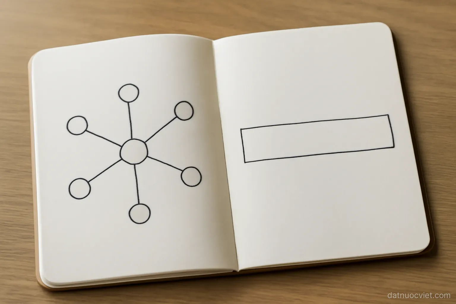 Schematic comparison of a hub-and-spoke diagram beside a long two-edged strip diagram, plain line drawing on paper