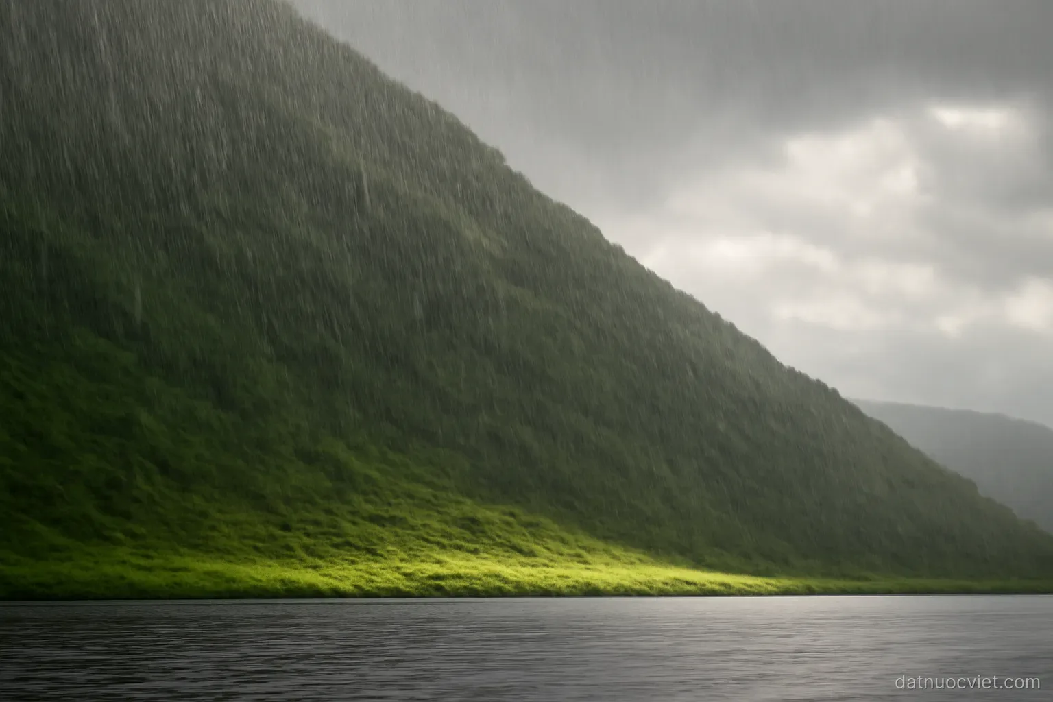 Rain falling heavily over a steep green slope while the flat ground nearer the water stays dry and bright under broken cloud