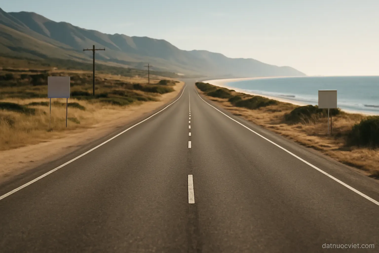 Long straight roadway following a coastal plain parallel to distant ridges, short side tracks branching toward slopes and shore
