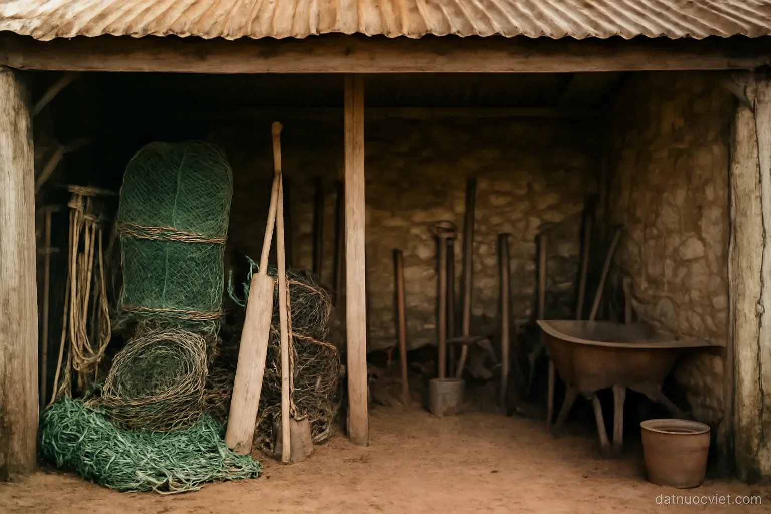 Farmyard with both fishing gear and hill-farming tools stored under one shed roof, bare earth floor, no people