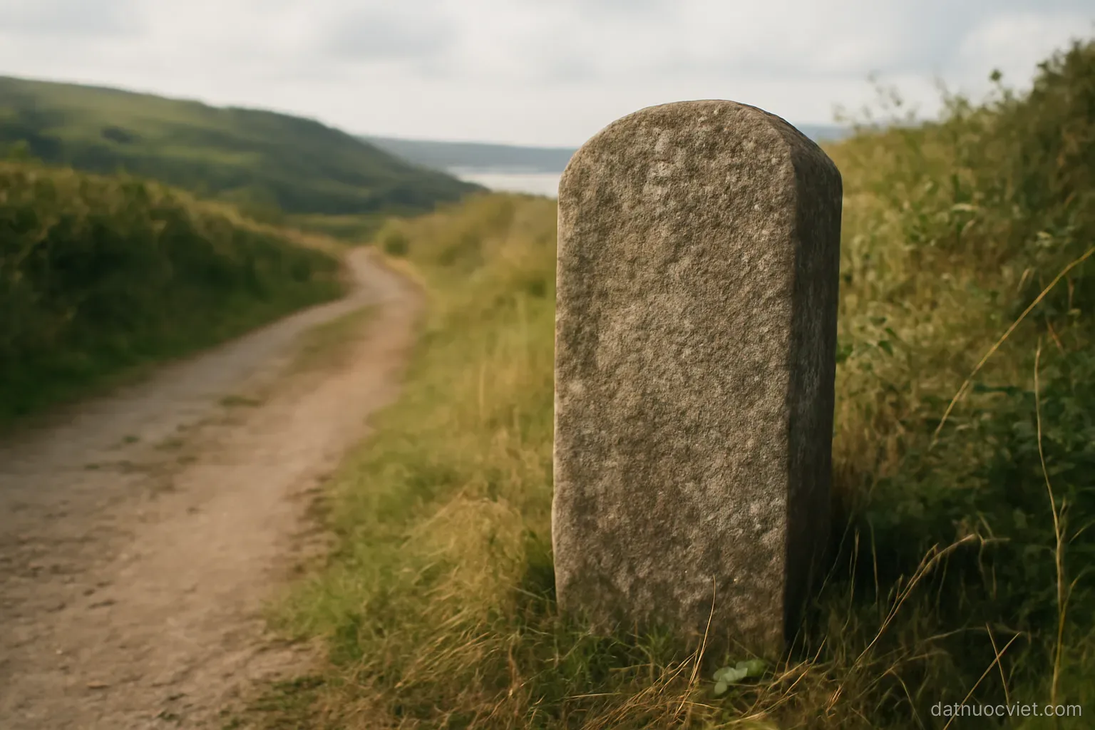 Weathered stone marker beside a track, hills and waterline both visible beyond, vegetation grown over old field edges
