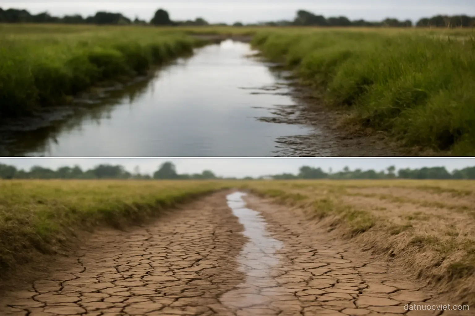 Same lowland strip shown twice, one with channels brimming and flooded margins, one with dry cracked flats and low water