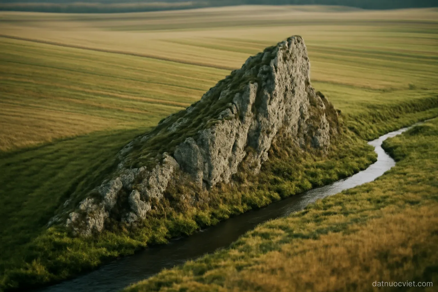 Diagonal rocky spur cutting across an otherwise lengthwise-striped lowland, a stream bending sharply around its base