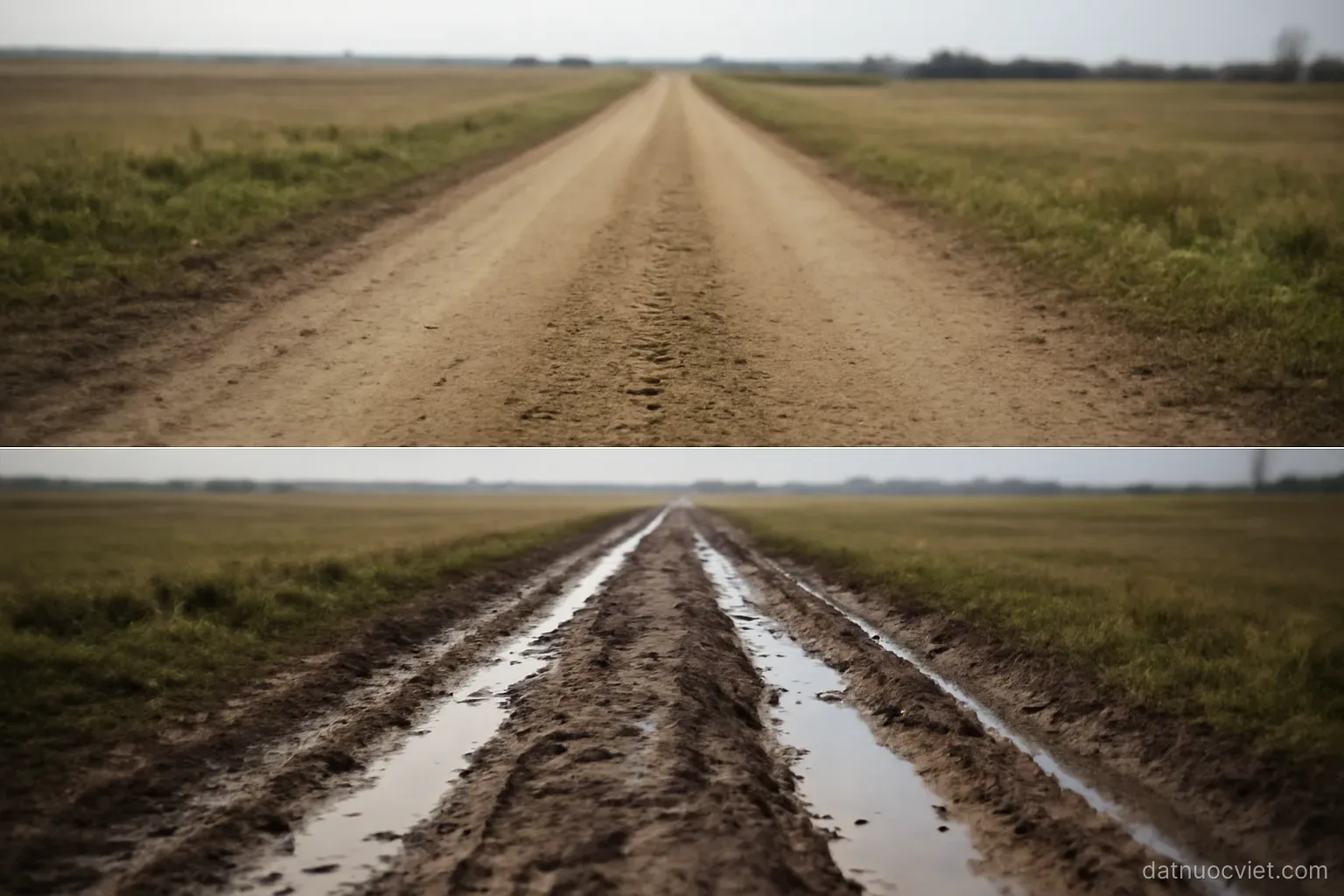 Same track shown as firm dry surface and as deep mud with standing water, low fields stretching away on both sides