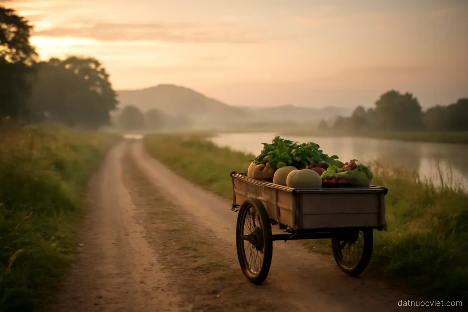 Rural lane at dawn with a loaded handcart parked beside it, hills on one horizon and a waterline on the other