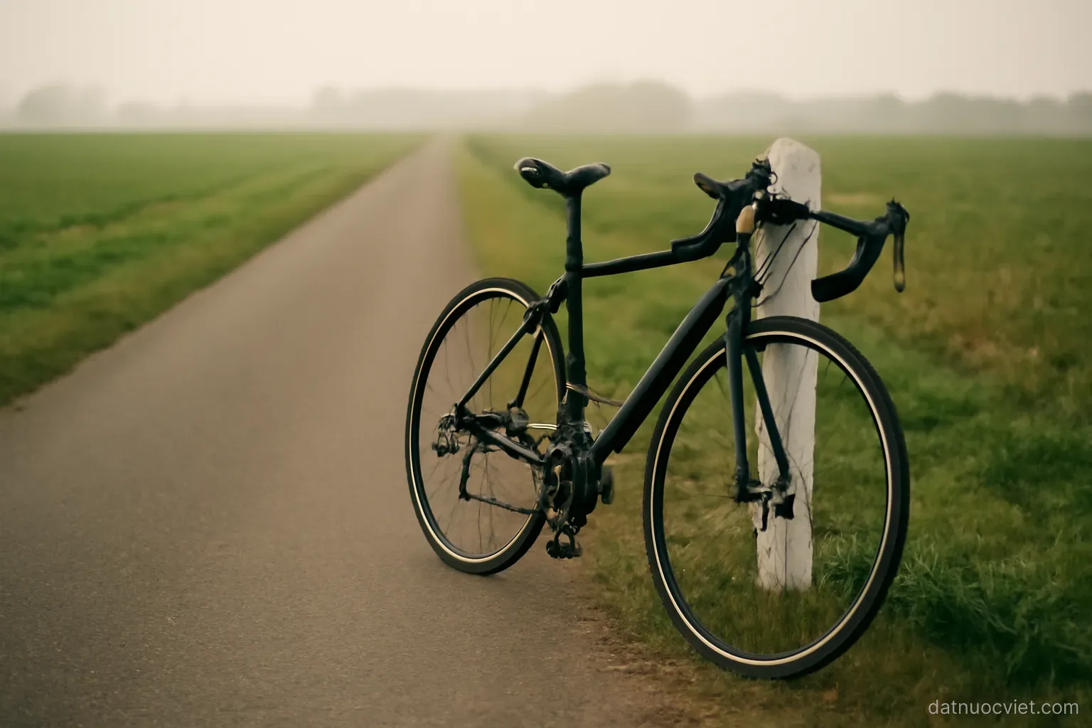 Bicycle leaning against a marker post beside a lengthwise lane, fields extending in both directions to low haze