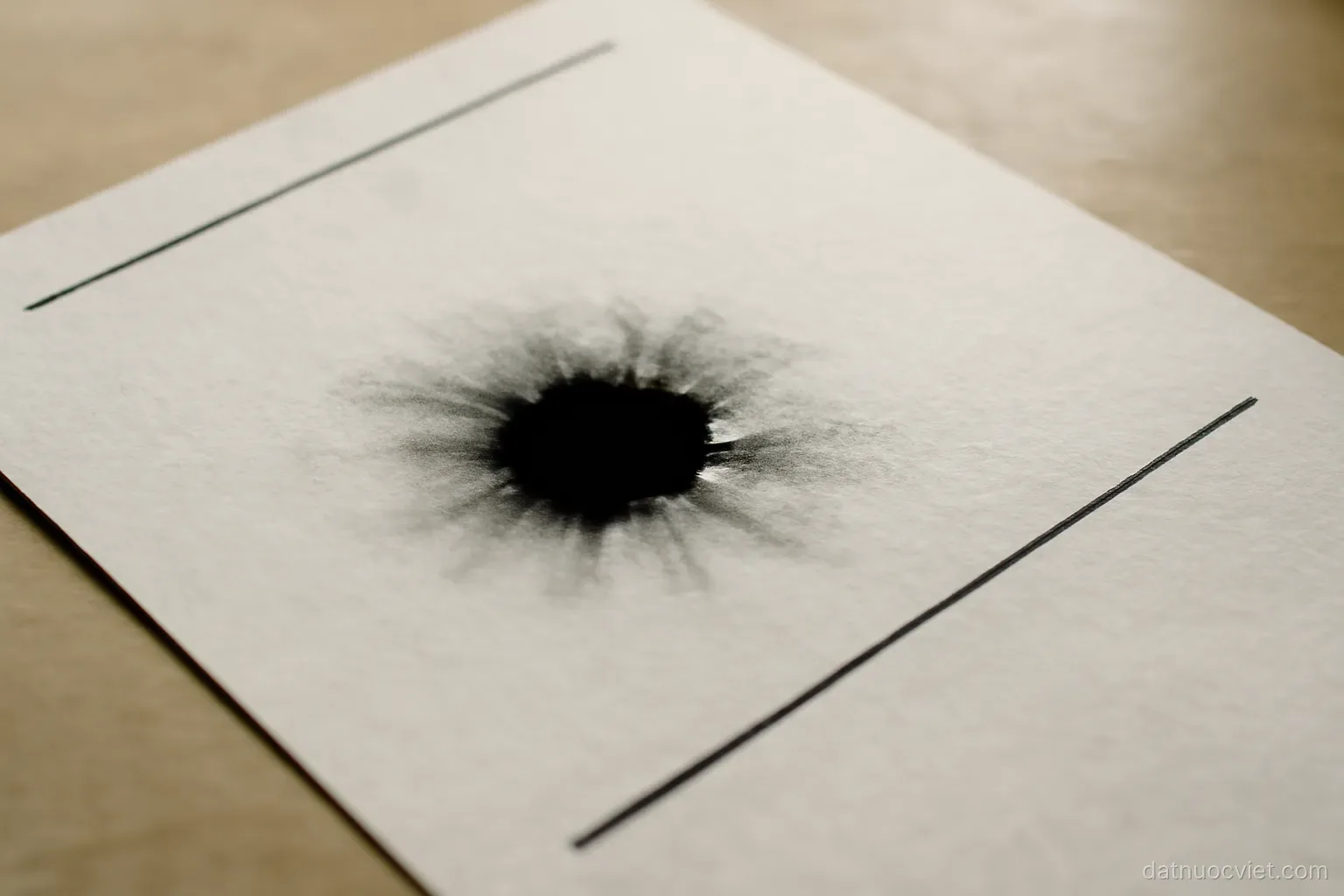 Ink drop spreading on damp paper toward two inked boundary lines drawn at unequal distances, plain flat surface