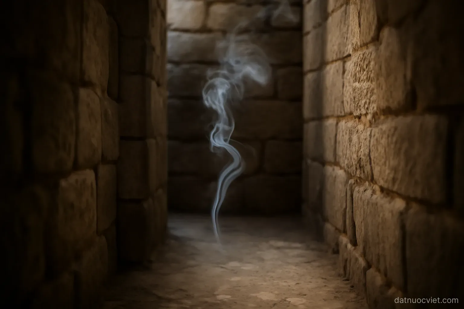 Thin smoke trail drifting into a narrow stone passage and stalling against the far wall, still air, plain daylight