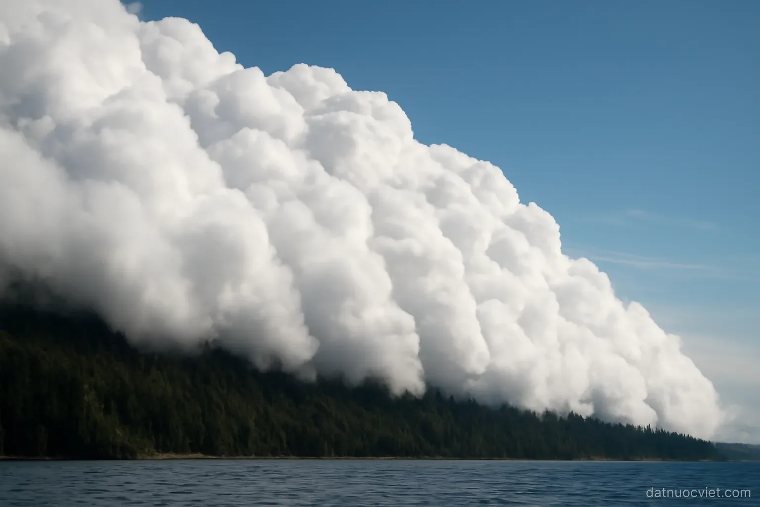Layered cloud mass pushing inland from open water and piling against a forested ridge line, clear sky beyond the ridge
