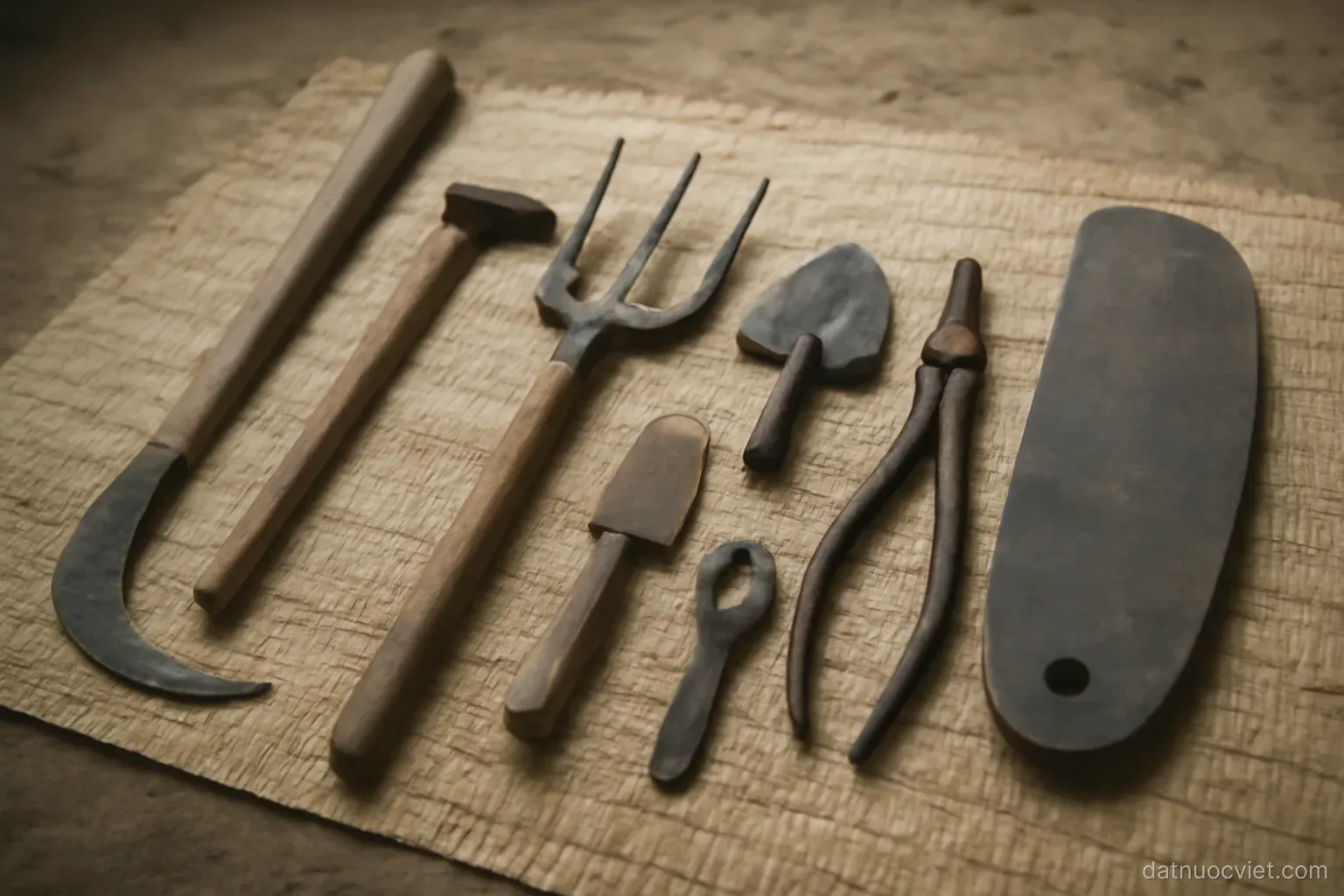Assorted everyday farm implements laid on a mat beside a few unusual local tools of distinctly different shape